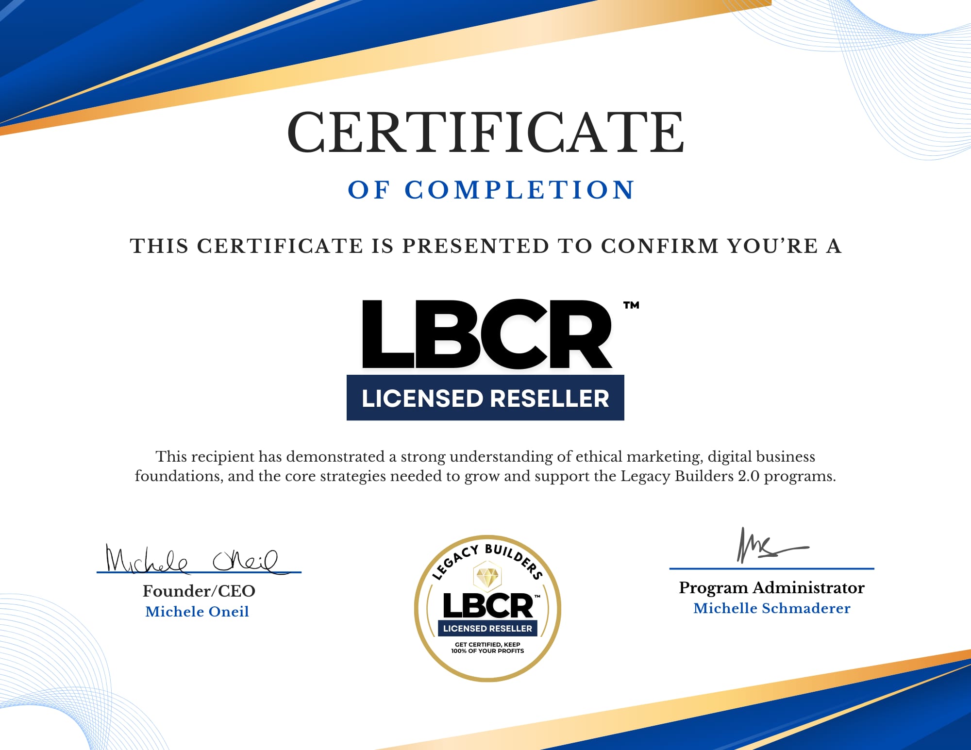 LBCR Licensed Reseller certificate of completion